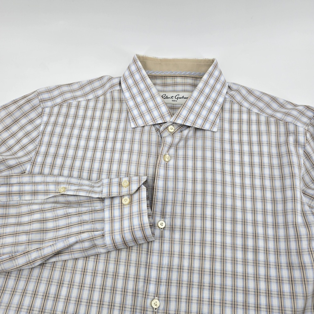 Robert Graham‎ Button Down Mens Plaid Long Sleeve Blue Tan XL